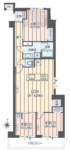 板橋区宮本町 板橋本町駅徒歩10分 中古マンション 3階 66.66㎡ 3LDK｜宮本37ハイツ